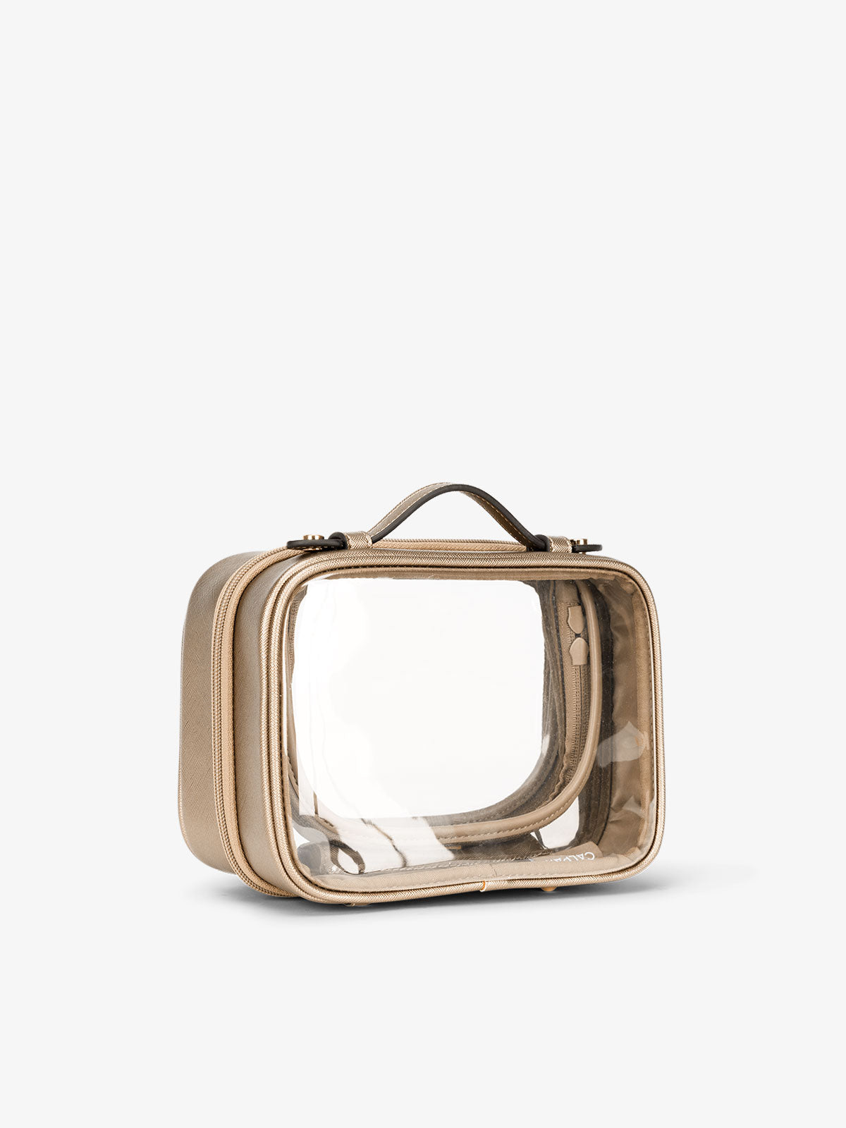 CALPAK small water resistant clear cosmetics case with sturdy handles in gold; CCM2001-GOLD