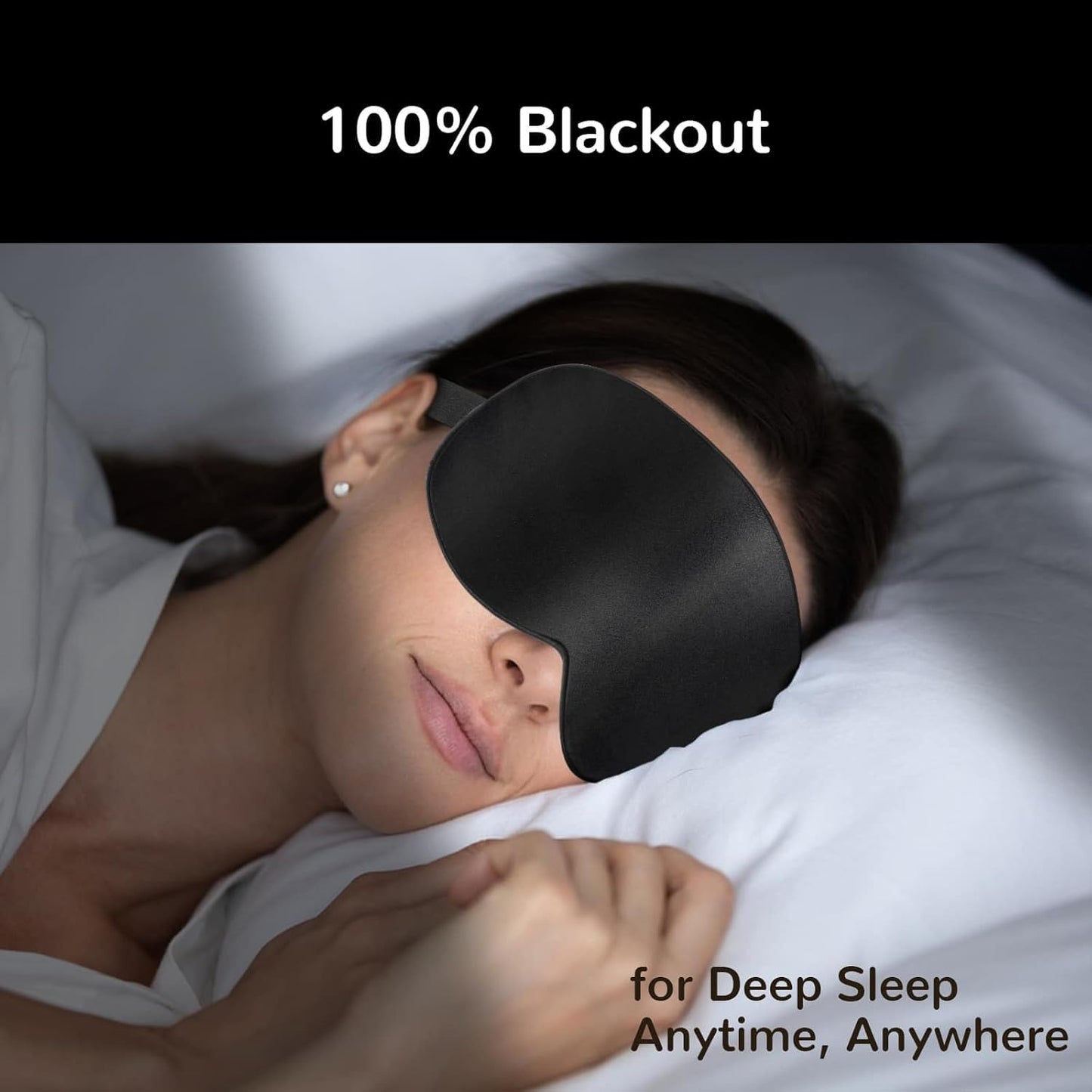 Person wearing a black sleep mask with text '100% Blackout' and 'for Deep Sleep Anytime, Anywhere'.