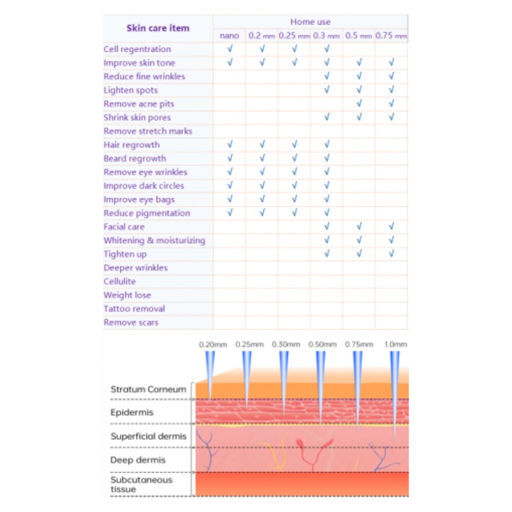 Diagram showing needle structure, depth levels, and skin layers for microneedling treatment
