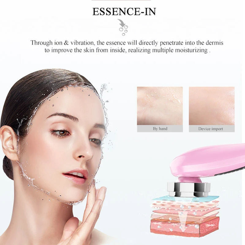 Woman applying a skincare product with text about ion and vibration technology.