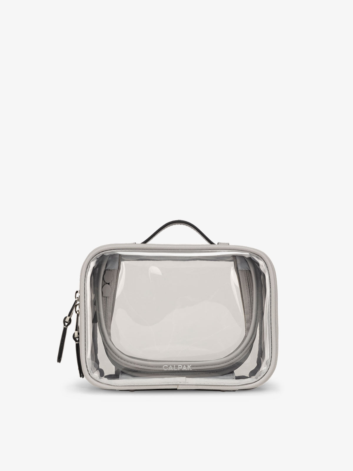 CALPAK small clear makeup bag with zippered compartments in cool grey; CCM2001-COOL-GREY
