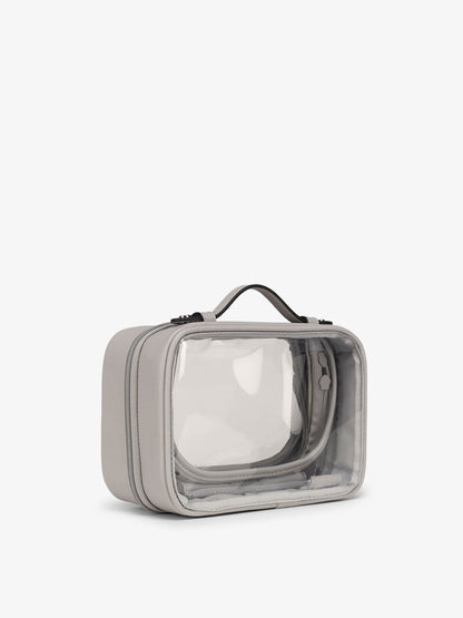 CALPAK small water resistant clear cosmetics case with sturdy handles in cool grey; CCM2001-COOL-GREY