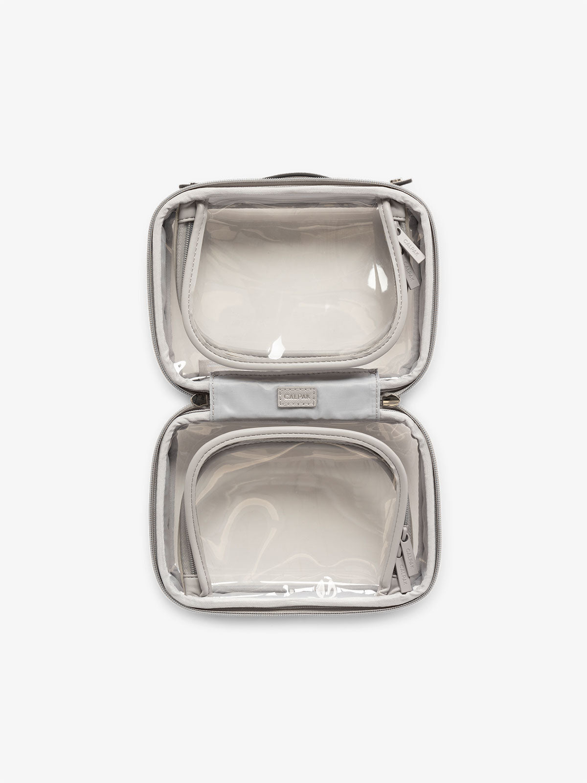 CALPAK small clear skincare bag with multiple zippered compartments in grey; CCM2001-COOL-GREY