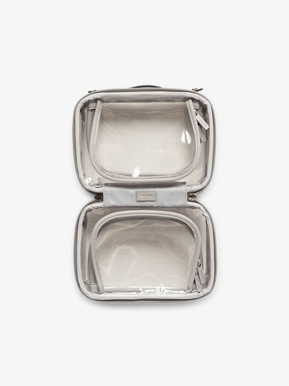 CALPAK small clear skincare bag with multiple zippered compartments in grey; CCM2001-COOL-GREY