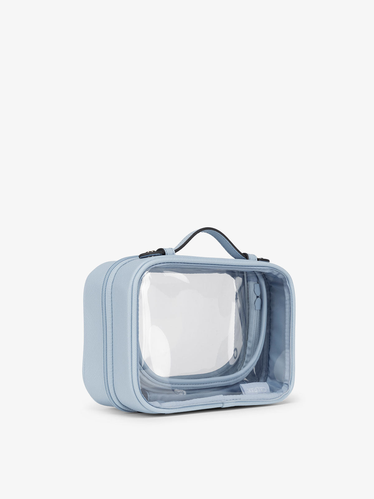 CALPAK small water resistant clear cosmetics case with sturdy handles in sky blue; CCM2001-SKY