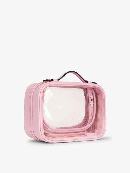 CALPAK small water resistant clear cosmetics case with sturdy handles in pink strawberry; CCM2001-STRAWBERRY