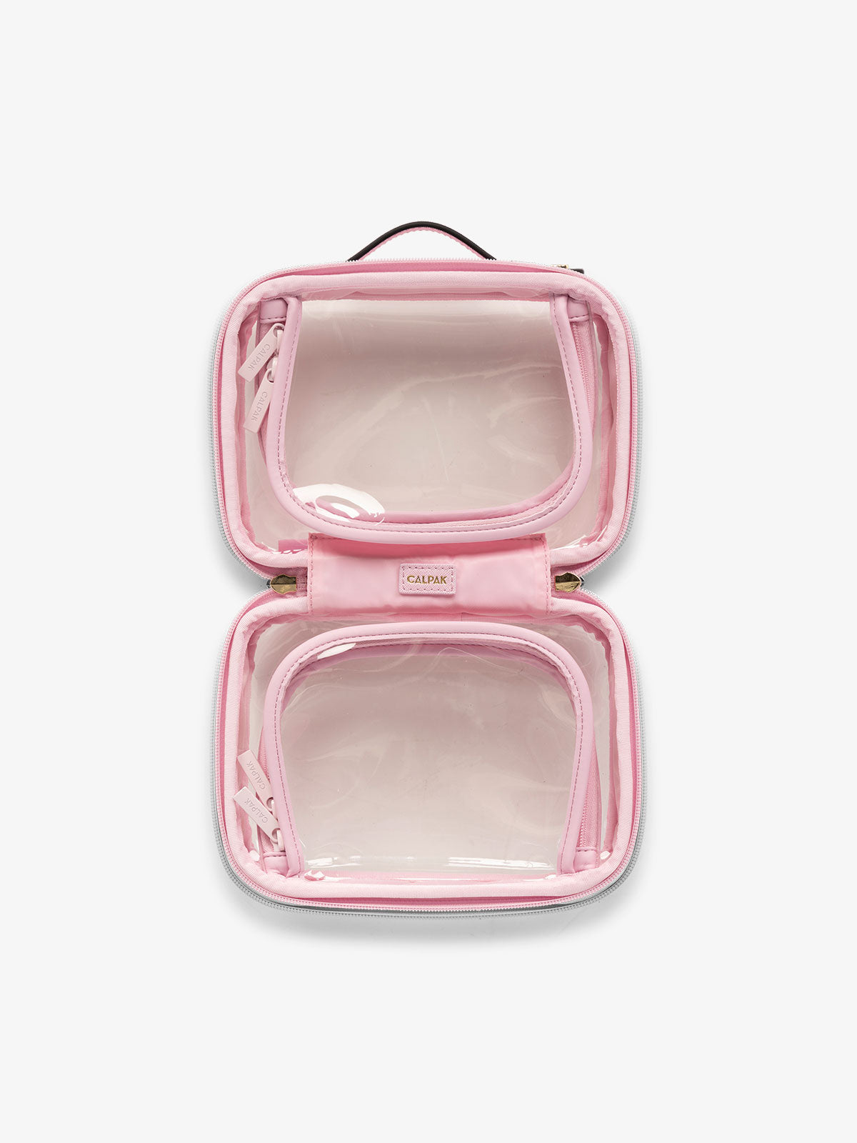 CALPAK small clear skincare bag with multiple zippered compartments in strawberry pink; CCM2001-STRAWBERRY