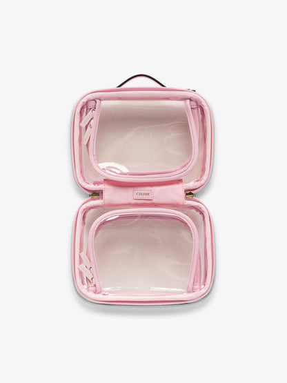 CALPAK small clear skincare bag with multiple zippered compartments in strawberry pink; CCM2001-STRAWBERRY