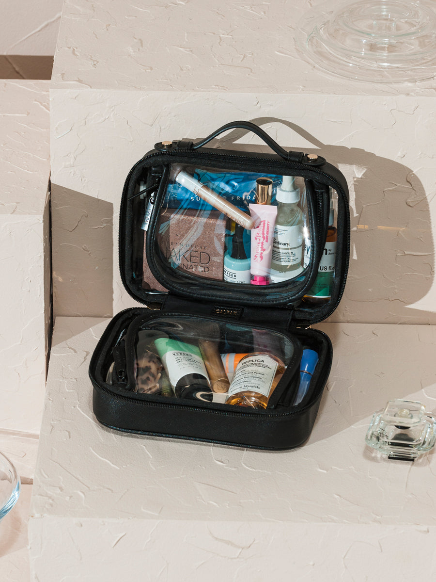 CALPAK mini clear cosmetics case with black handles; CCM2001-BLACK