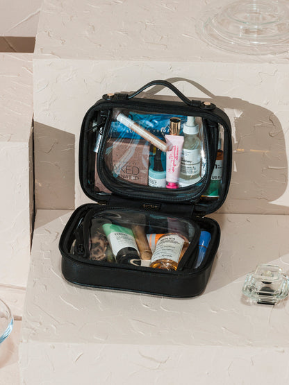 CALPAK mini clear cosmetics case with black handles; CCM2001-BLACK