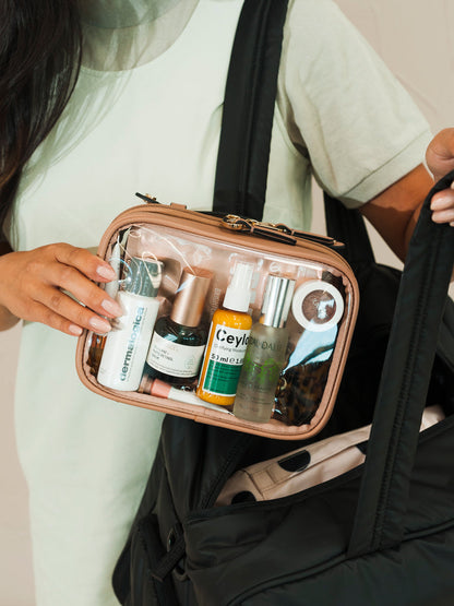 CALPAK small travel cosmetics case with handles in caramel color; CCM2001-CARAMEL