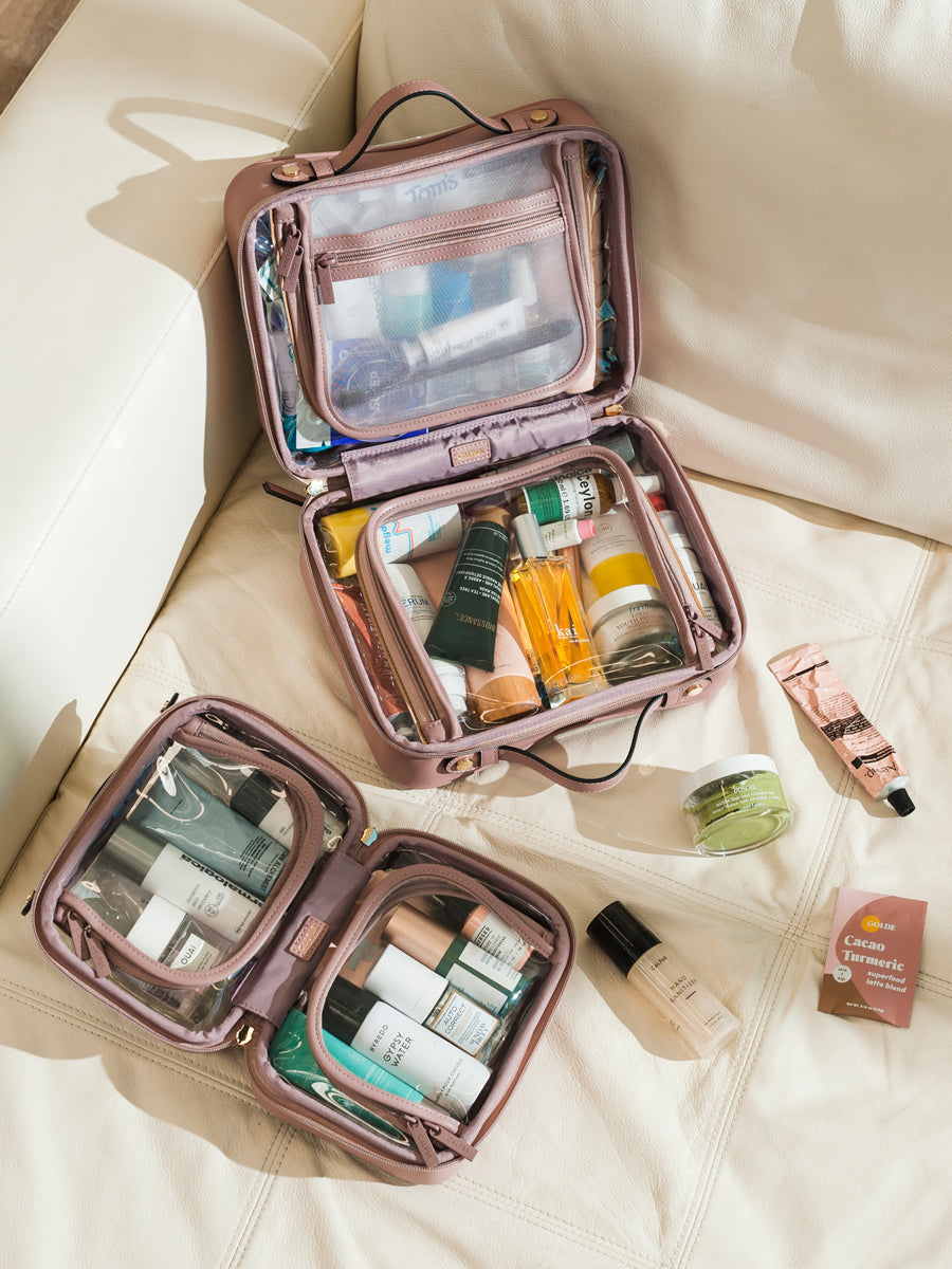 CALPAK small transparent cosmetics case with zippered compartments in pink; CCM2001-MAUVE