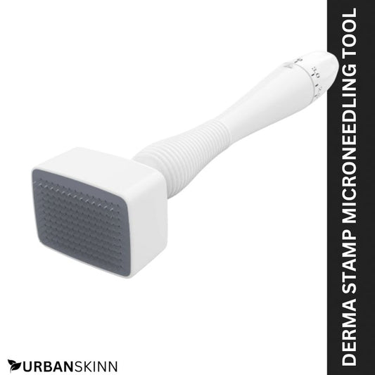 White derma stamp microneedling tool with gray square end on a white background, branded as Urban Skinn.