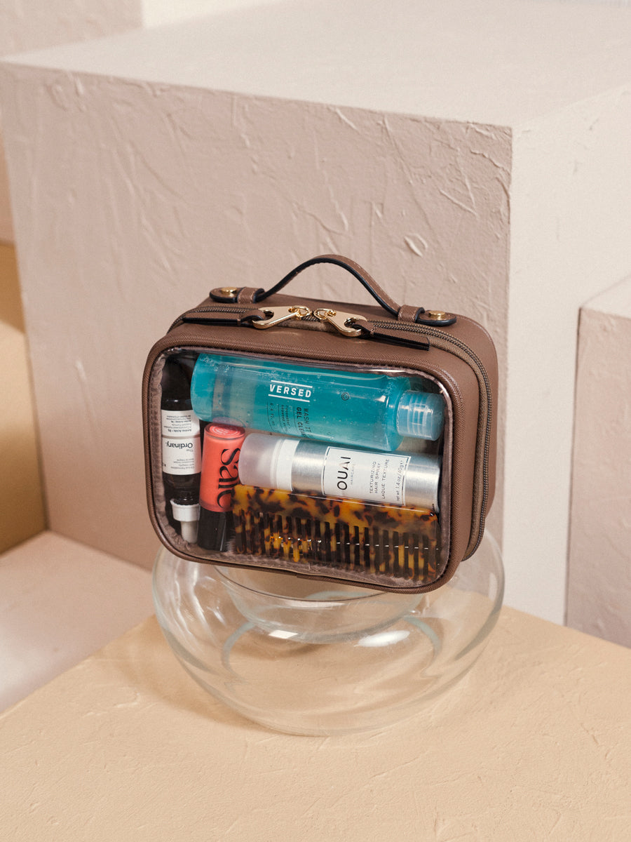 CALPAK mini clear travel cosmetics case in mocha; CCM2001-MOCHA