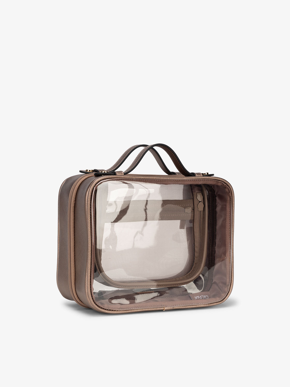 CALPAK clear makeup bag with top handles in bronze; CMM2201-BRONZE