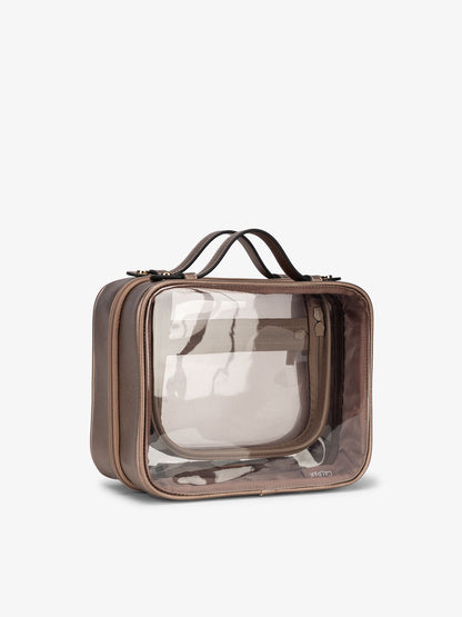 CALPAK clear makeup bag with top handles in bronze; CMM2201-BRONZE