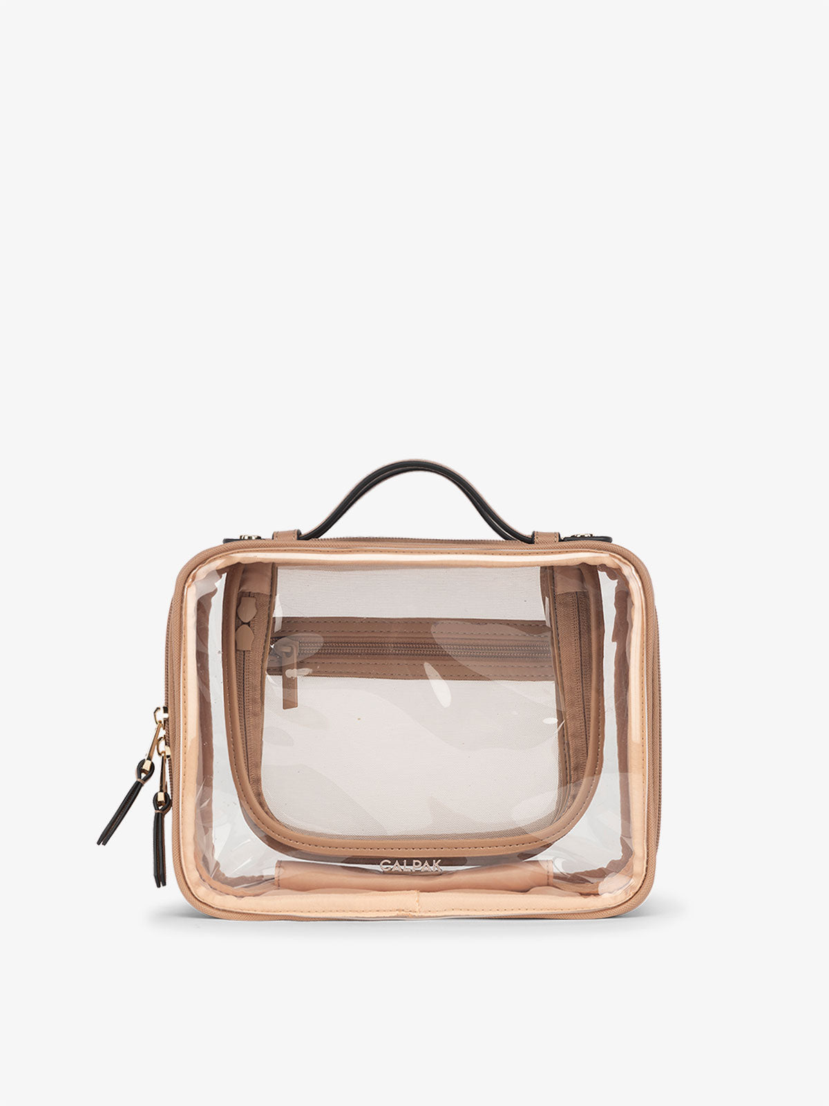 CALPAK Medium clear makeup bag with compartments in caramel; CMM2201-CARAMEL