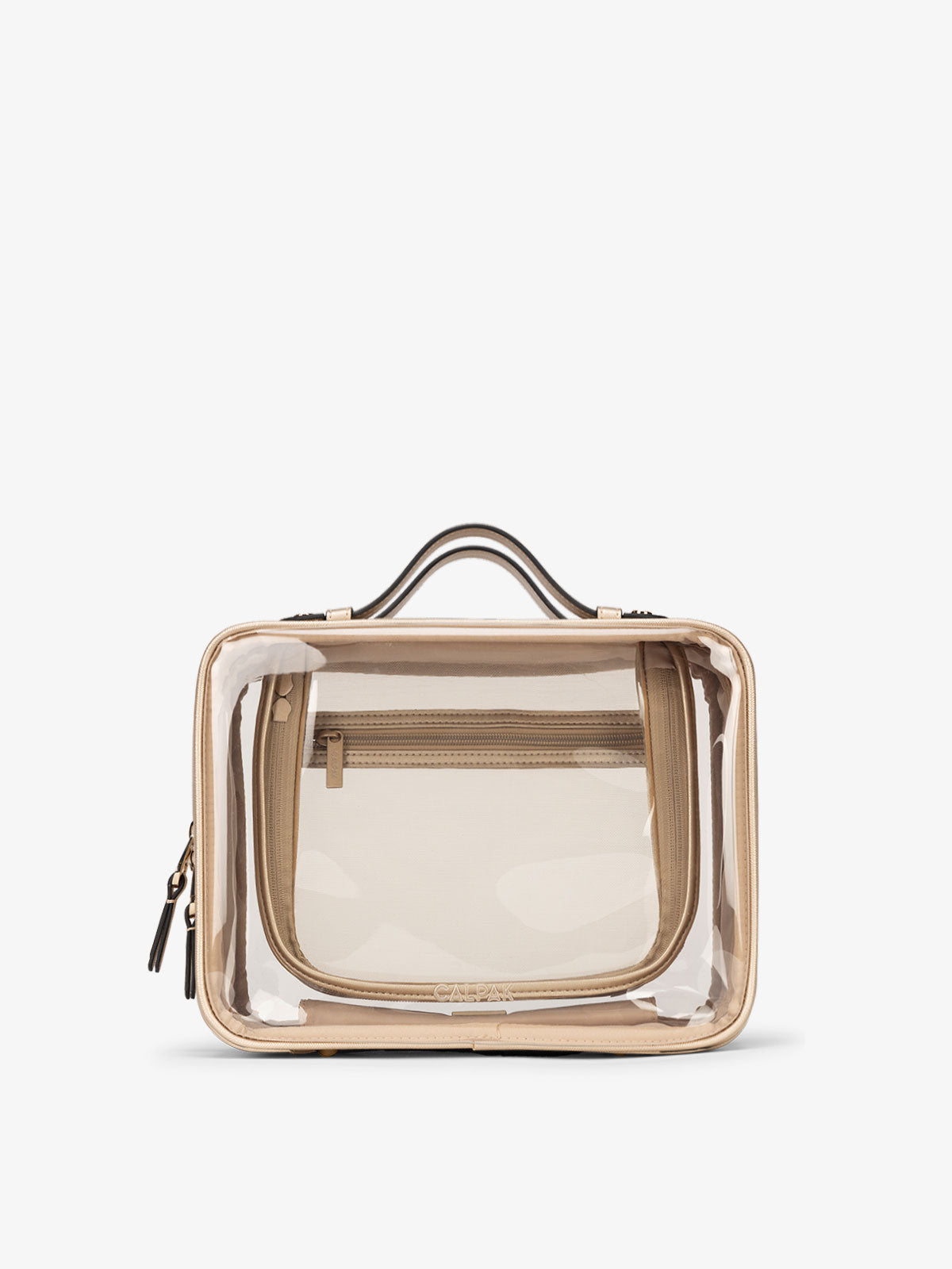 CALPAK Medium clear makeup bag with compartments in metallic gold; CMM2201-GOLD