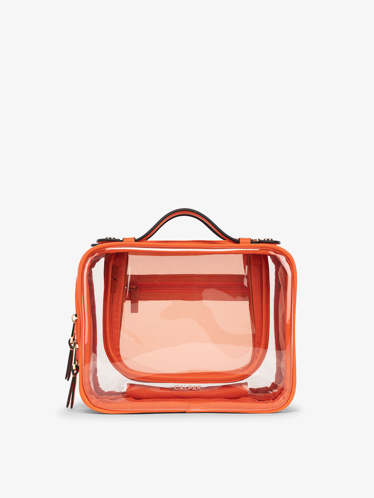 CALPAK Medium clear makeup bag with compartments in papaya; CMM2201-PAPAYA