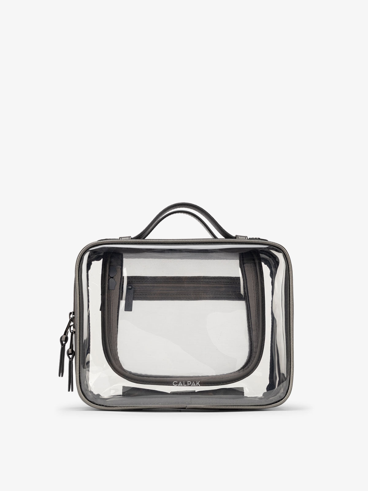 CALPAK Medium clear makeup bag with compartments in metallic steel; CMM2201-STEEL