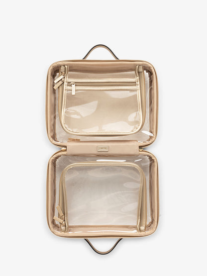CALPAK clear travel makeup bag with zipper enclosed compartments in shiny gold; CMM2201-GOLD