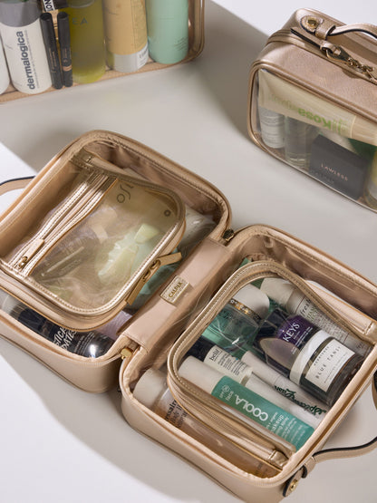 Medium Clear Cosmetic Case in metallic gold for organizer personal skincare items and makeup; CMM2201-GOLD