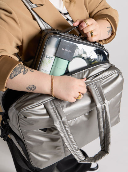 Model placing steel Medium Clear Cosmetic Case in gunmetal Luka Duffel; CMM2201-STEEL