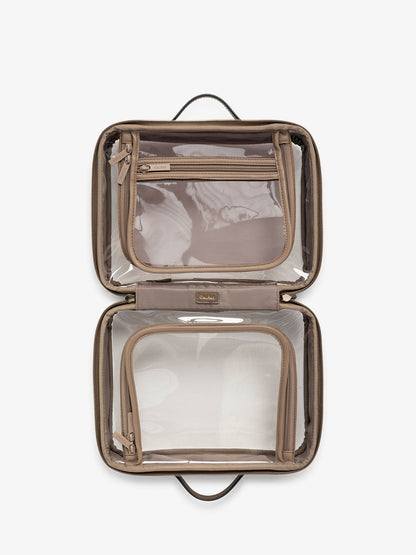 CALPAK clear travel makeup bag with zipper enclosed compartments in brown; CMM2201-MOCHA