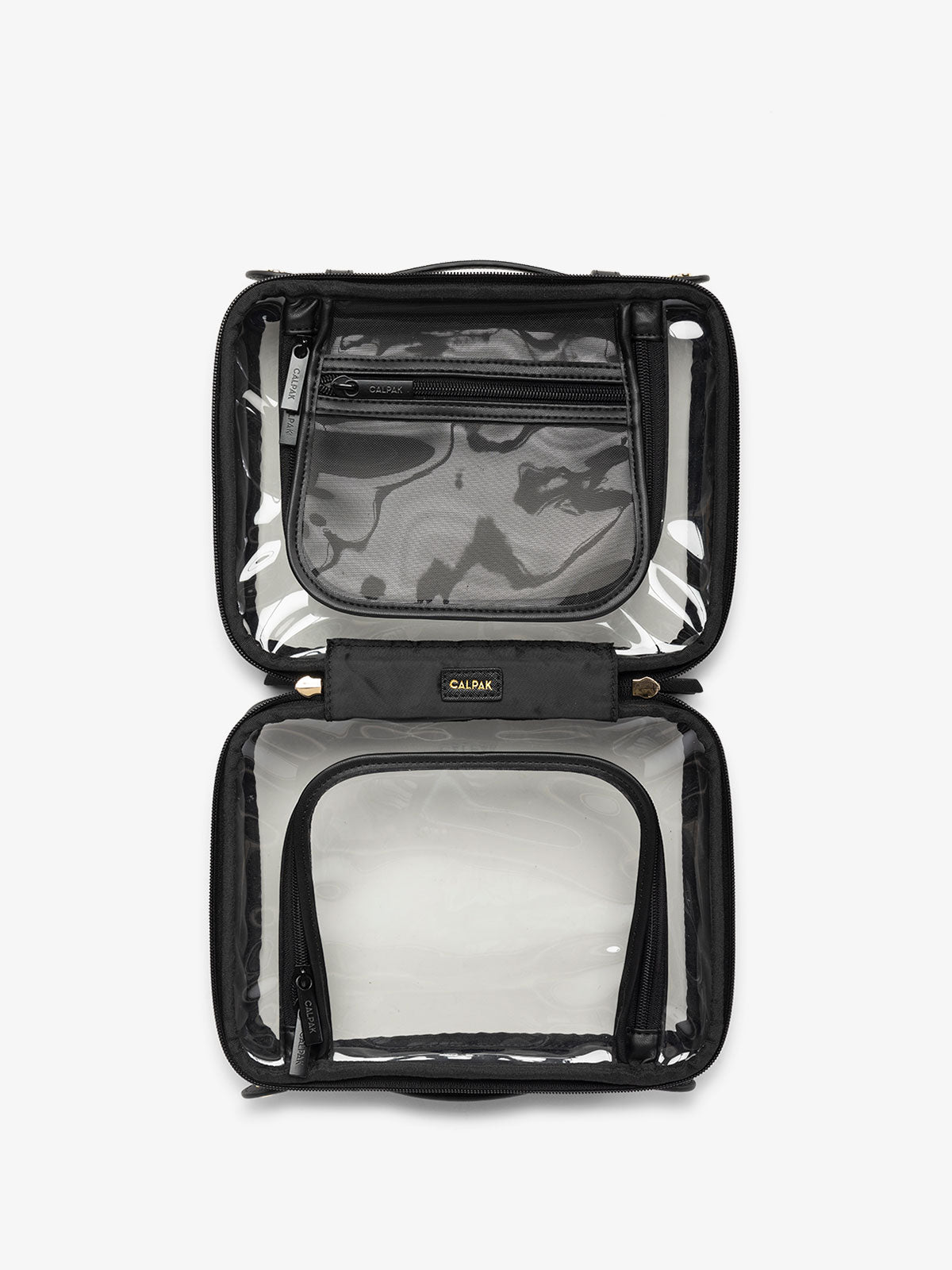 CALPAK medium clear skincare bag with multiple zippered compartments in black; CMM2201-BLACK