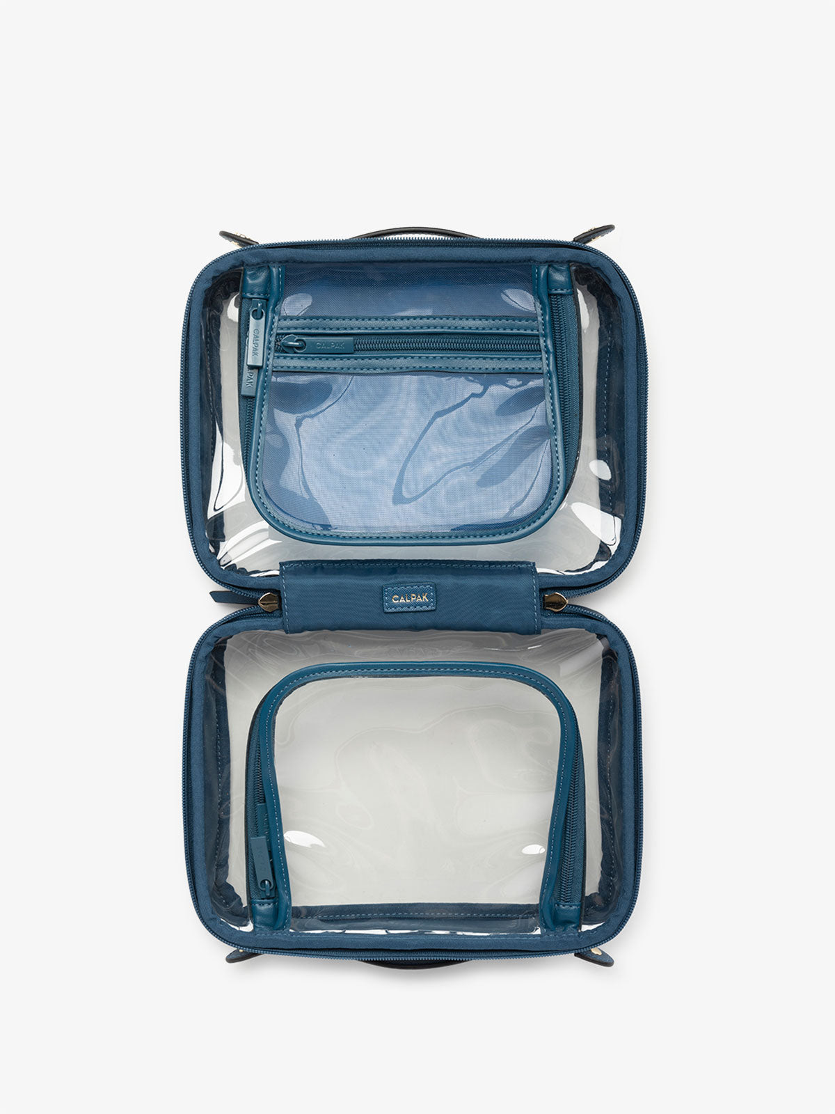 CALPAK clear skincare bag with multiple zippered compartments in dark blue; CMM2201-DEEP-SEA