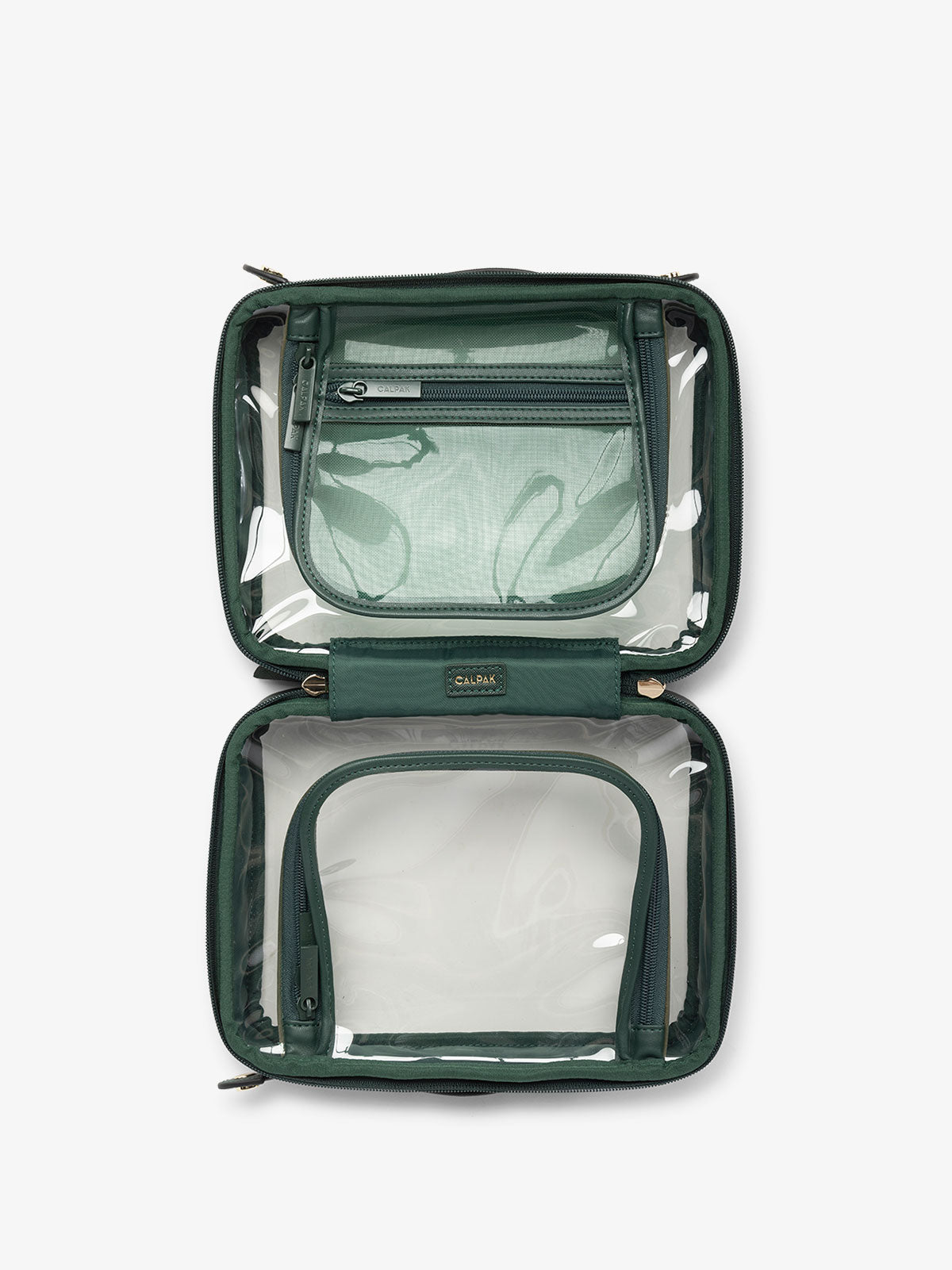CALPAK clear travel makeup bag with compartments in emerald green; CMM2201-EMERALD