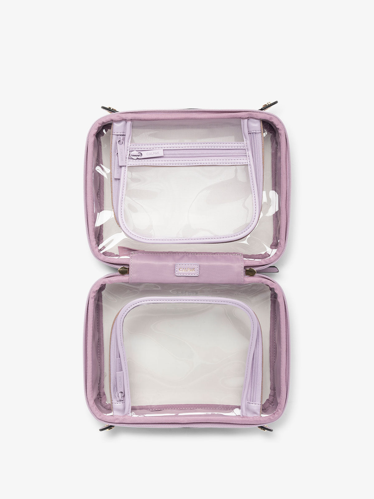 CALPAK clear travel makeup bag with compartments in lavender; CMM2201-LAVENDER