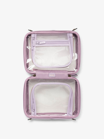 CALPAK clear travel makeup bag with compartments in lavender; CMM2201-LAVENDER