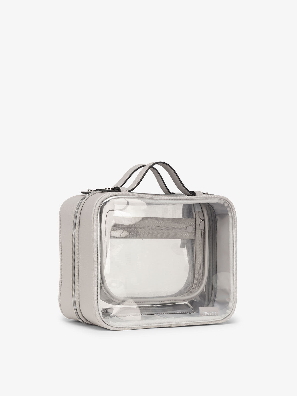 CALPAK clear makeup bag with top handles in cool grey; CMM2201-COOL-GREY