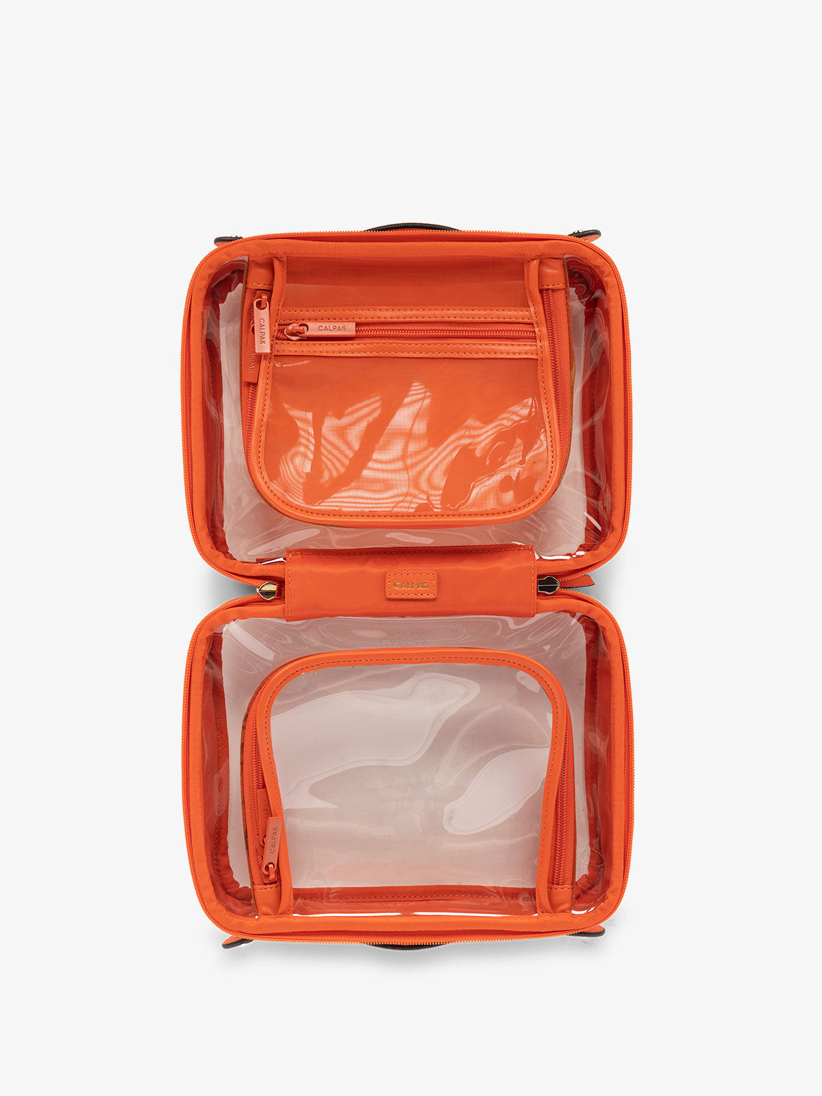 CALPAK clear skincare bag with multiple zippered compartments in orange; CMM2201-PAPAYA
