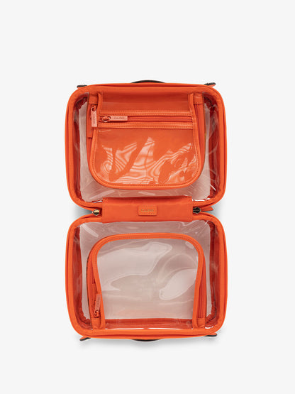 CALPAK clear skincare bag with multiple zippered compartments in orange; CMM2201-PAPAYA