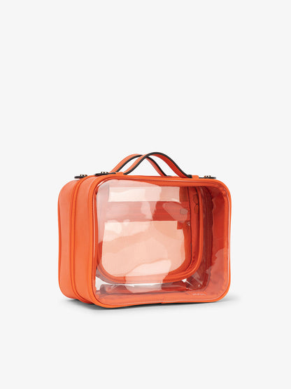 CALPAK medium clear cosmetics case with sturdy handles in papaya orange; CMM2201-PAPAYA