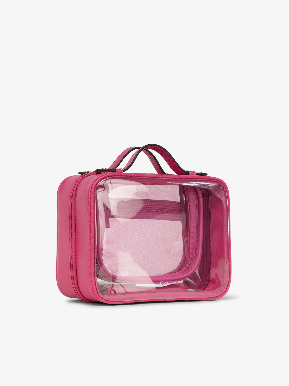 CALPAK medium clear cosmetics case with sturdy handles in pink; CMM2201-DRAGONFRUIT