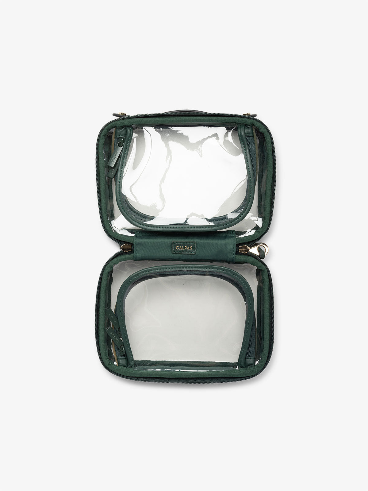 CALPAK small clear travel makeup bag with compartments in emerald green; CCM2001-EMERALD