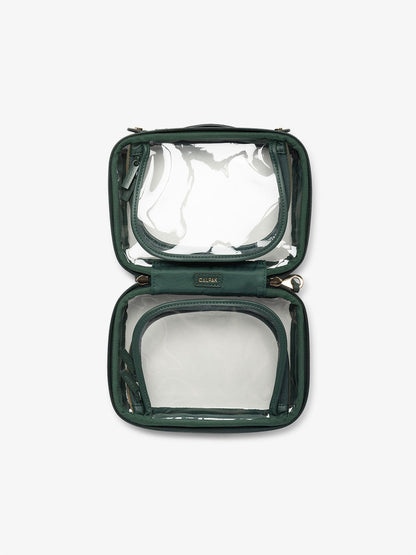 CALPAK small clear travel makeup bag with compartments in emerald green; CCM2001-EMERALD