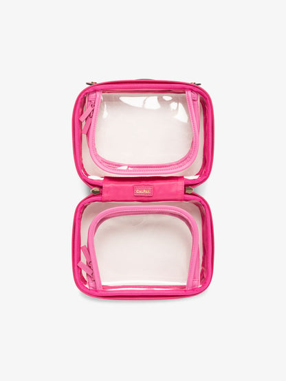 small transparent travel cosmetics bag with black handles and zippered compartments in pink dragonfruit; CCM2001-DRAGONFRUIT