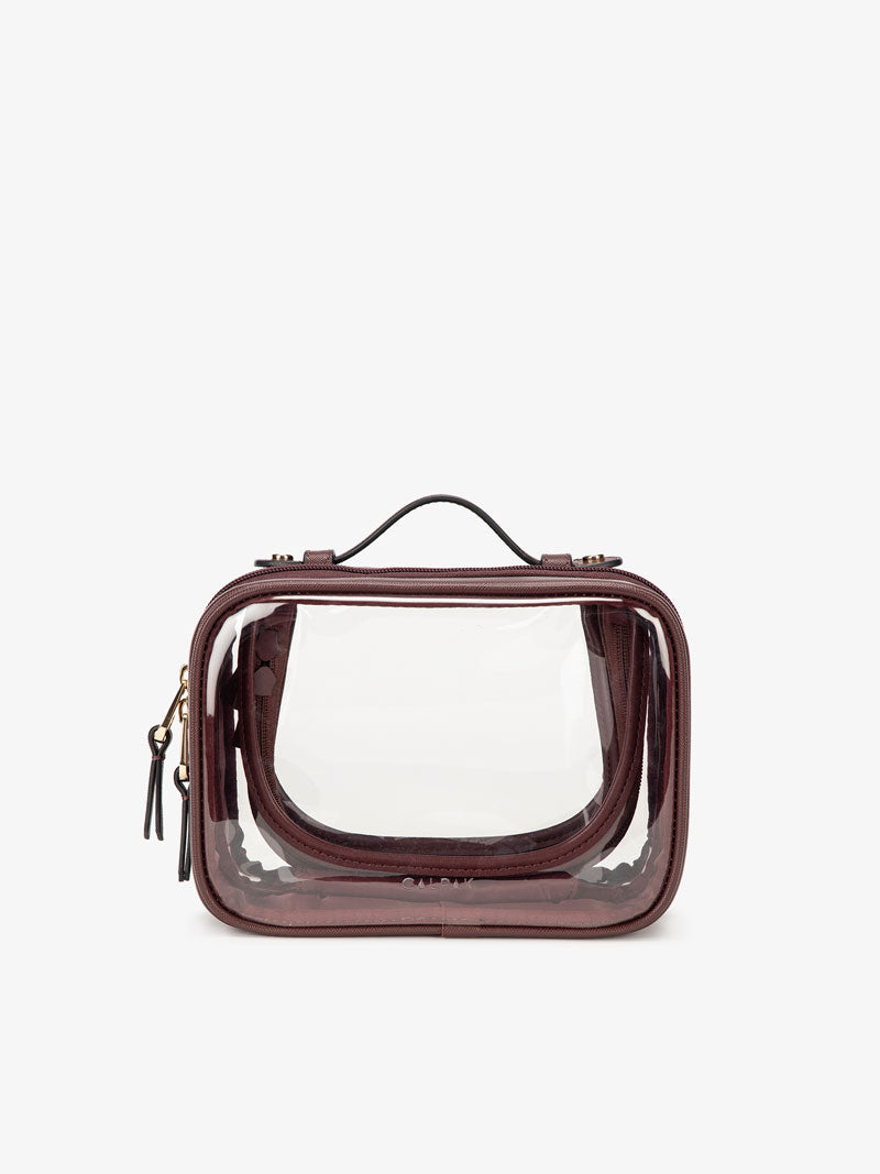 CALPAK transparent cosmetics case with zippered compartments in burgundy; CCM2001-BURGUNDY