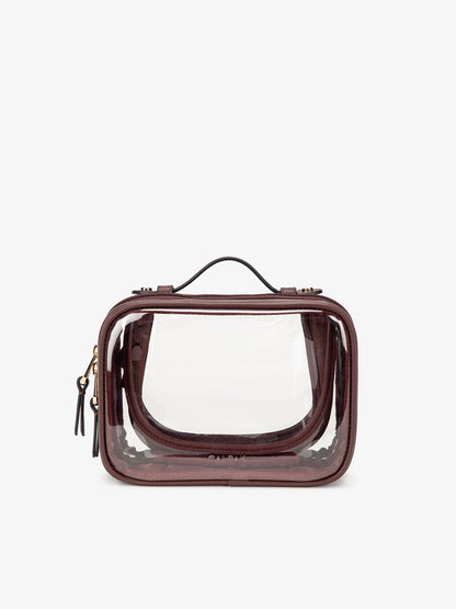 CALPAK transparent cosmetics case with zippered compartments in burgundy; CCM2001-BURGUNDY