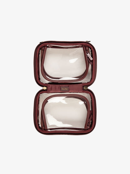 CALPAK small transparent cosmetics case with zippered compartments in burgundy; CCM2001-BURGUNDY