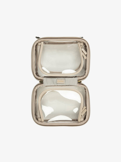 CALPAK clear cosmetic case for travel with zippered compartments; CCM2001-STONE
