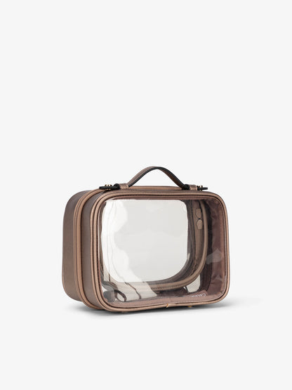 CALPAK small water resistant clear cosmetics case with sturdy handles in bronze; CCM2001-BRONZE