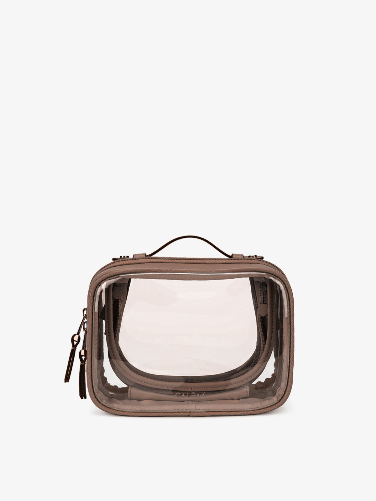 CALPAK small clear cosmetic case with handle in brown mocha; CCM2001-MOCHA