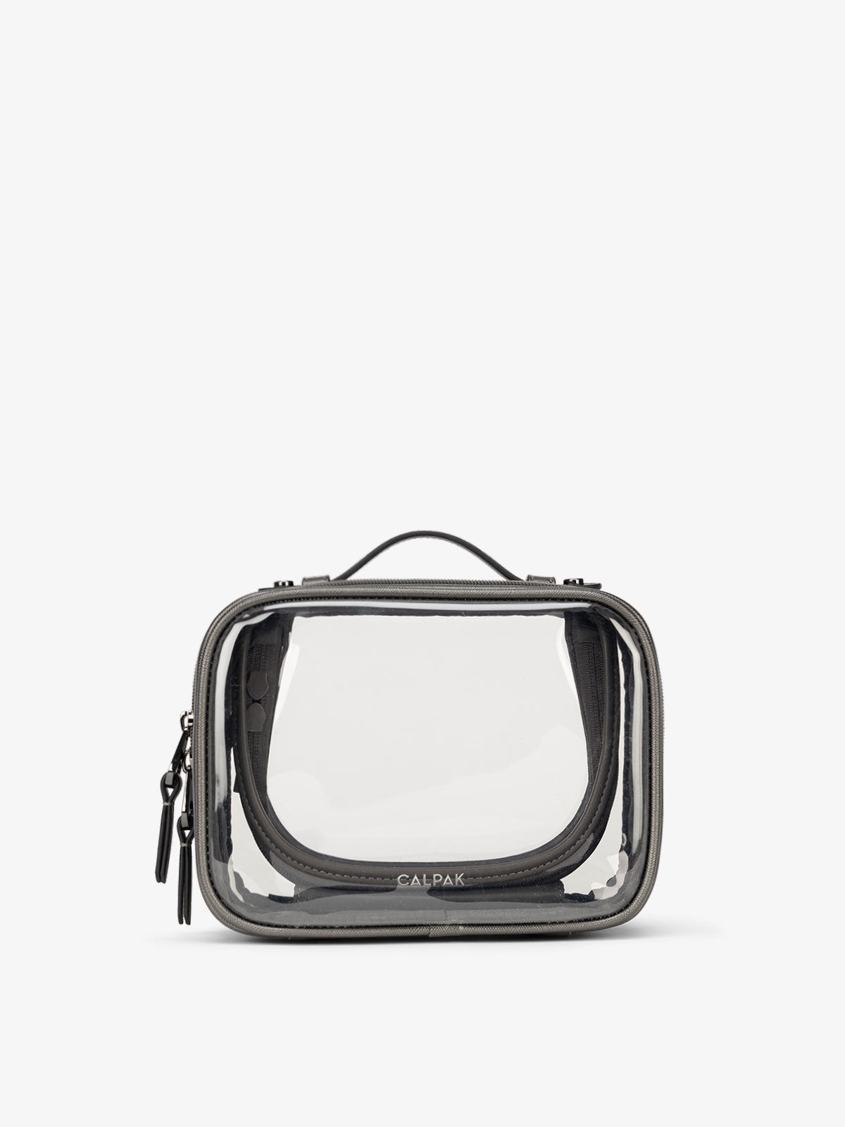 CALPAK small clear makeup bag with zippered compartments in metallic dark gray; CCM2001-STEEL