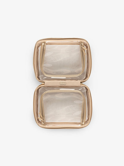 CALPAK small clear skincare bag with multiple zippered compartments in metallic gold; CCM2001-GOLD