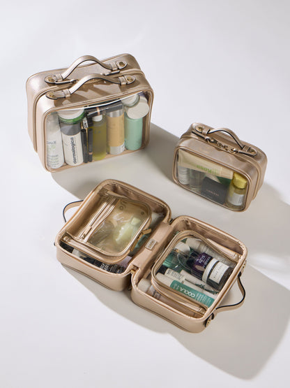Gold CALPAK Small Clear Cosmetic Case, Medium Cosmetic Case, and Large Clear Cosmetic Case; CCM2001-GOLD